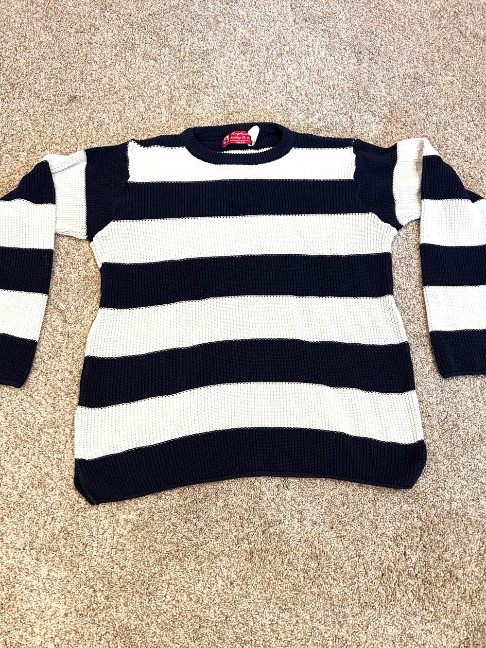 VTG Binghamton Knitting Co Made in USA Navy & White Nautical Striped Crewneck. S